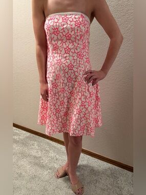 Lilly Pulitzer 6 Jordan Fiesta Pink Resort White Pique Lace Strapless Dress NWT